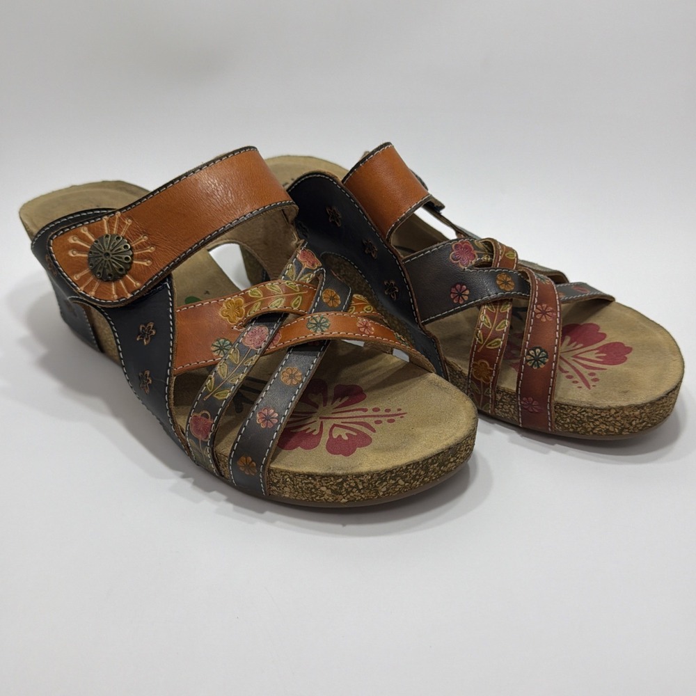 Spring Step L'artiste Jadora-cam Floral Leather Cork Wedge Sandals 39 US 8